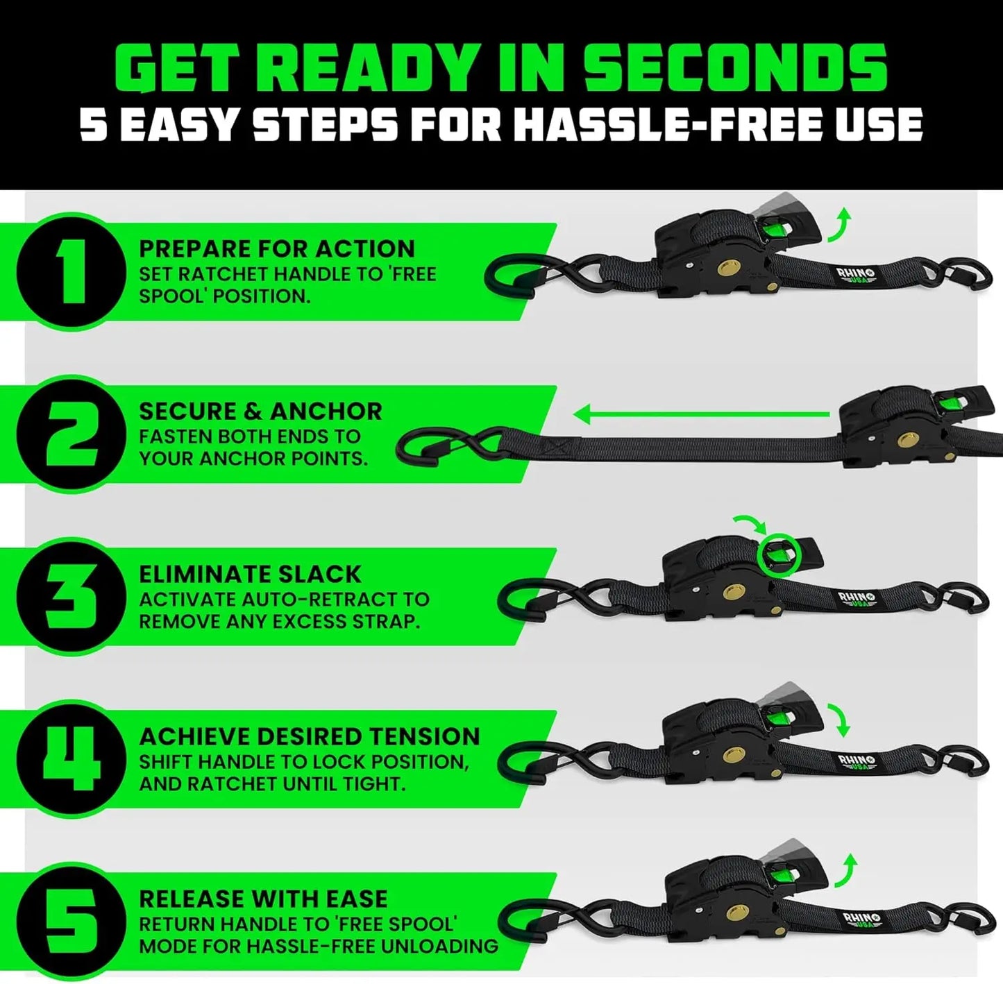 Retractable Ratchet Straps (4-Pack) - 1 Inch x 10 Feet (1,209lb Break Strength) - Heavy Duty Auto Self Retracting Tie Down