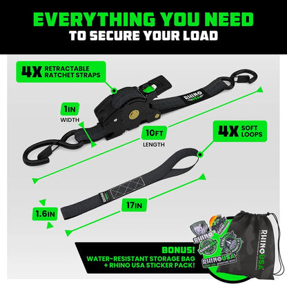Retractable Ratchet Straps (4-Pack) - 1 Inch x 10 Feet (1,209lb Break Strength) - Heavy Duty Auto Self Retracting Tie Down