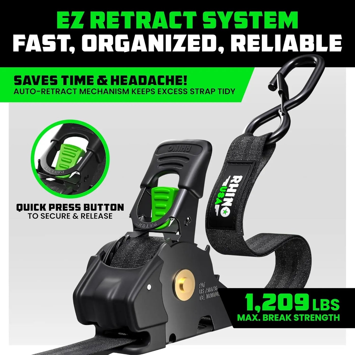 Retractable Ratchet Straps (4-Pack) - 1 Inch x 10 Feet (1,209lb Break Strength) - Heavy Duty Auto Self Retracting Tie Down